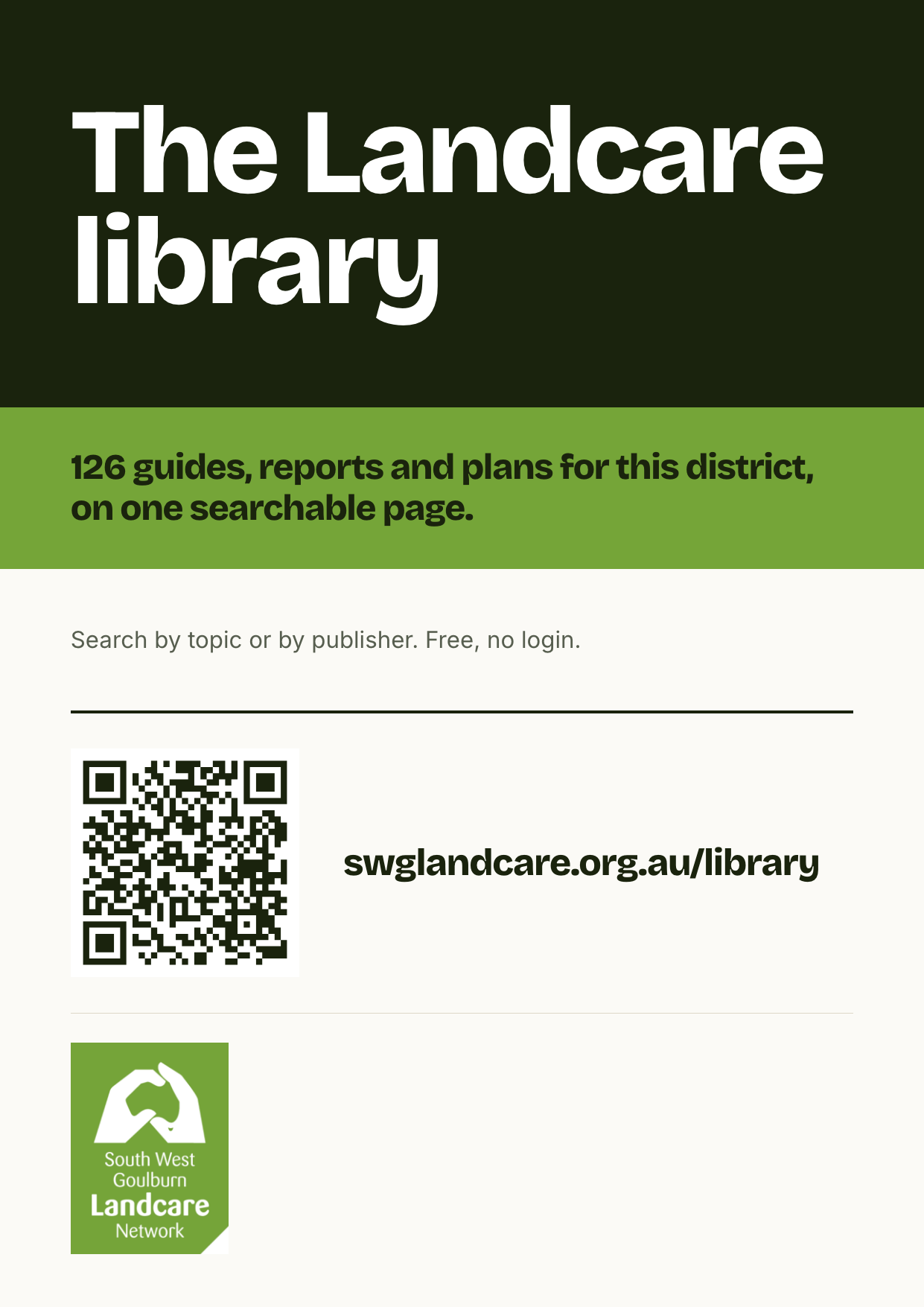 Advertisement: The Landcare library. 126 guides, reports and plans for this district, on one searchable page. Search by topic or by publisher. Free, no login. swglandcare.org.au/library