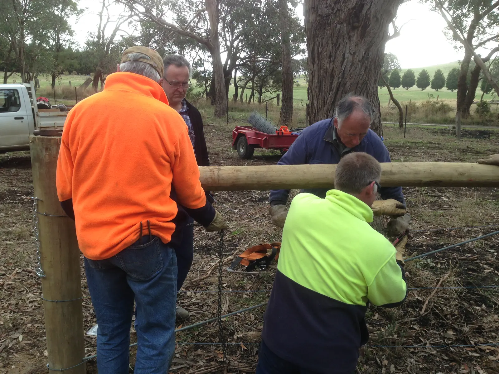 Four volunteers in high-visibility jackets lifting a new timber rail into place on a fence line, among burnt trees.