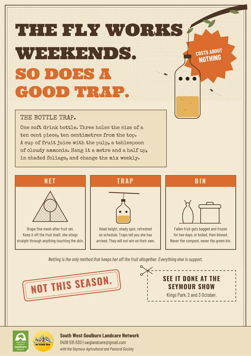 Poster, The Fly Works Weekends. So does a good trap. The bottle trap: one soft drink bottle, three holes the size of a ten cent piece, ten centimetres from the top, a cup of fruit juice with the pulp and a tablespoon of cloudy ammonia, hung a metre and a half up in shaded foliage, mix changed weekly. Net, trap, bin. See it done at the Seymour Show, Kings Park, 2 and 3 October. Not this season. Contact 0409 515 630, swglandcare@gmail.com.