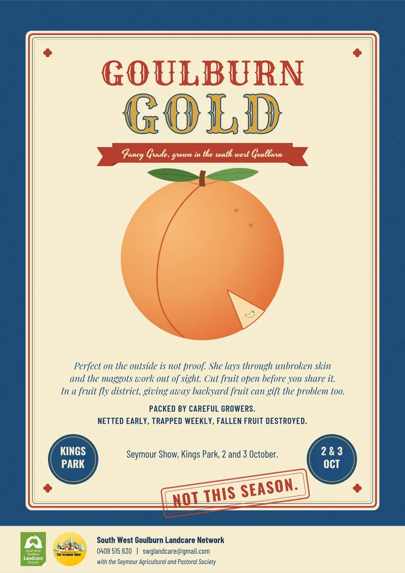 Poster, Goulburn Gold: fancy grade, grown in the south west Goulburn. Perfect on the outside is not proof; cut fruit open before you share it. Packed by careful growers: netted early, trapped weekly, fallen fruit destroyed. Seymour Show, Kings Park, 2 and 3 October. Not this season. Contact 0409 515 630, swglandcare@gmail.com.